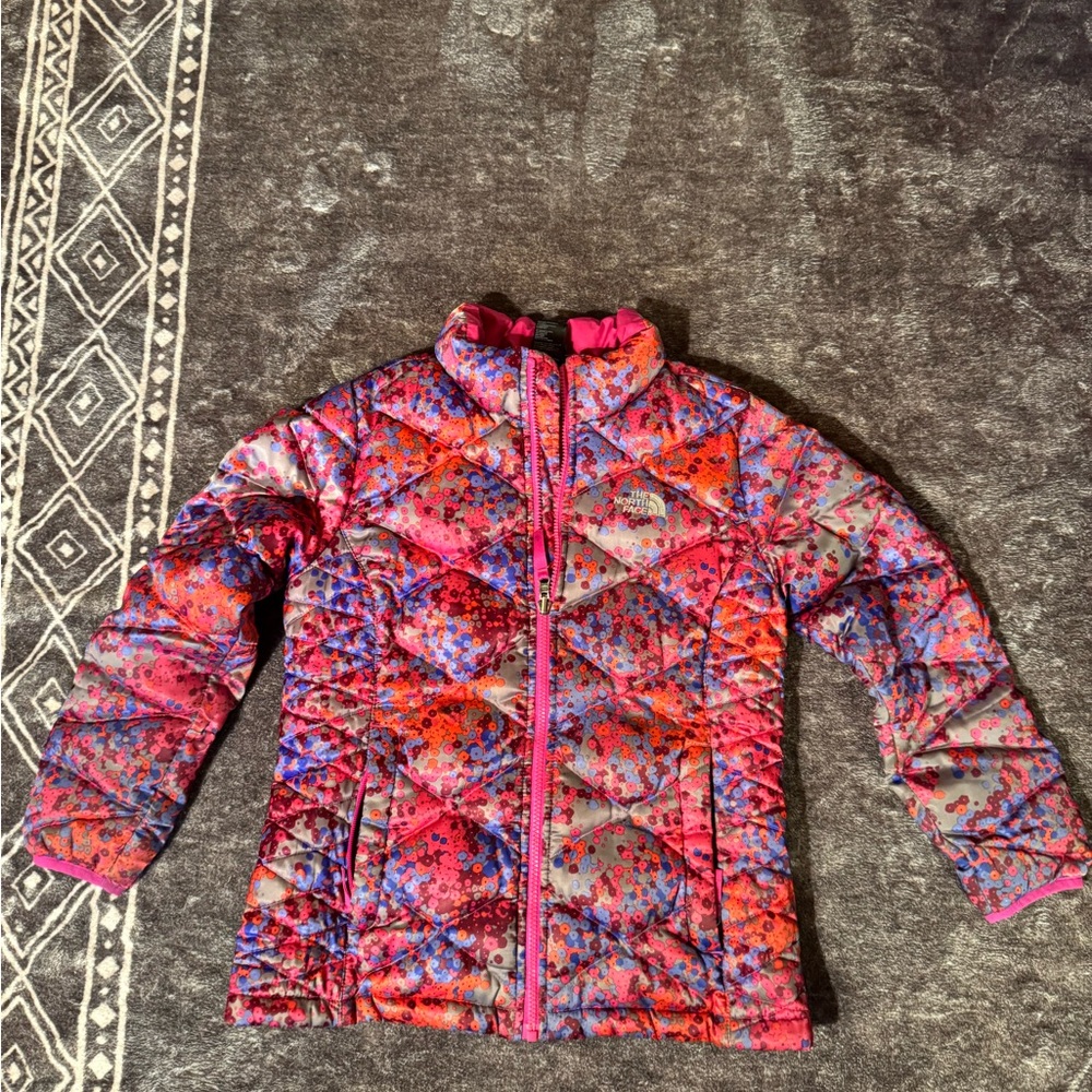 The North Face girls floral print pink purple silver parka jacket Large 14/16